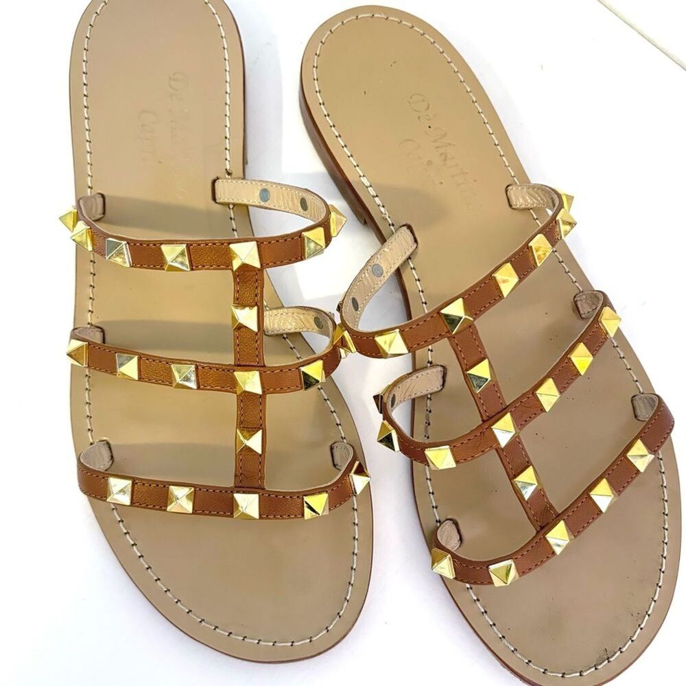 Studded Strappy Tan Leather Sandals Made in Italy Size 39 - Picture 5 of 9